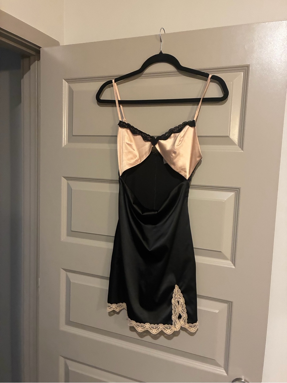 superdown Two-Tone Satin Lace Trim Slip Dress in Blush and Black